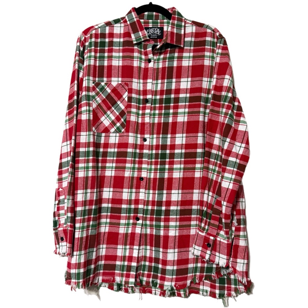 One 24 Rags women’s medium plaid long sleeve button down frayed edge shirt